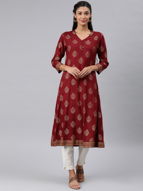 

AHIKA Women Maroon & Beige Printed A-Line Kurta with Gathers