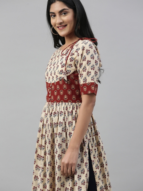 

Inddus Women Off-White & Rust Printed A-Line Kurta