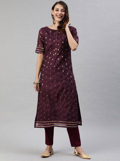 

Inddus Women Burgundy & Golden Woven Design Kurta with Trousers