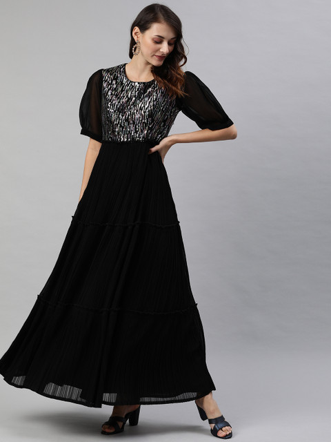 

Inddus Women Black Sequined Embroidered Fit and Flare Dress