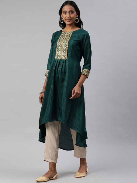 

Inddus Women Green Embroidered A-Line High Low Kurta