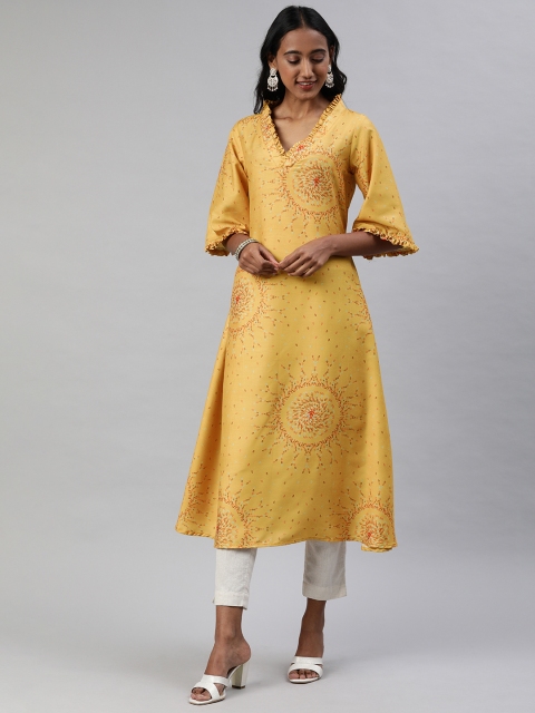 

Inddus Women Beige Printed A-Line Kurta