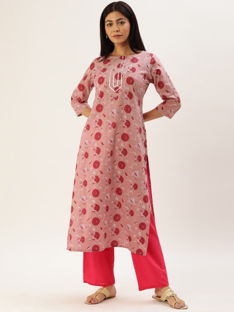 

Rajnandini Women Pink & Red Floral Printed Straight Kurta