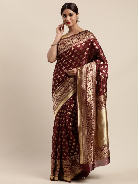 

Mitera Maroon & Gold-Toned Silk Cotton Woven Design Banarasi Saree