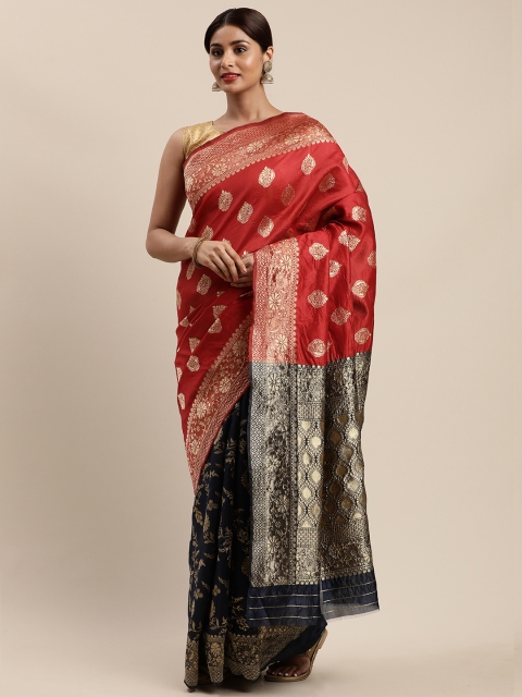 

Mitera Navy Blue & Red Silk Cotton Woven Design Banarasi Saree