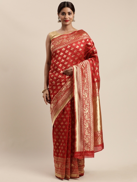 

Mitera Red & Gold-Toned Silk Cotton Woven Design Banarasi Saree