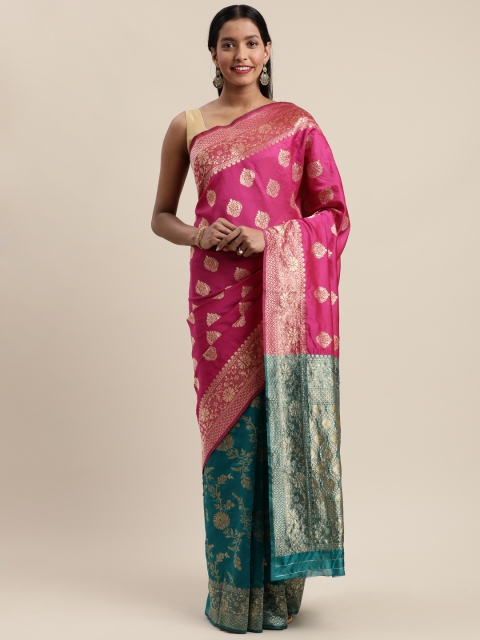 

Mitera Pink & Blue Silk Blend Woven Design Banarasi Saree