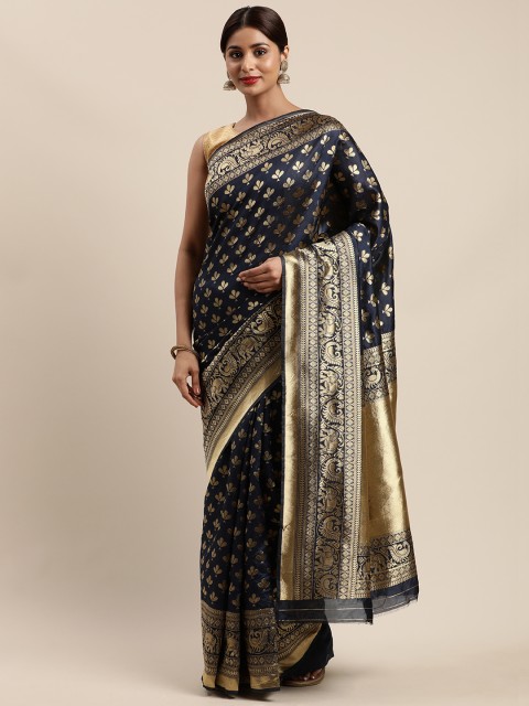 

Mitera Navy Blue & Gold-Toned Silk Cotton Woven Design Banarasi Saree