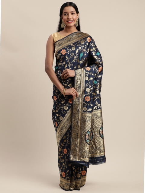 

Mitera Navy Blue Silk Cotton Woven Design Banarasi Saree