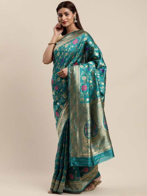 

Mitera Teal Blue & Golden Silk Cotton Woven Design Banarasi Saree