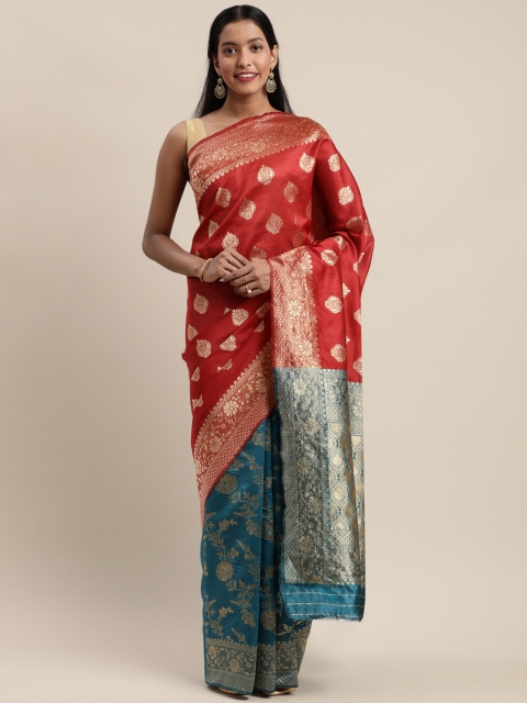 

Mitera Pink & Teal Silk Blend Woven Design Banarasi Saree