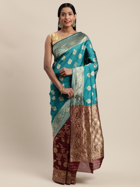 

Mitera Maroon & Blue Silk Cotton Woven Design Banarasi Saree