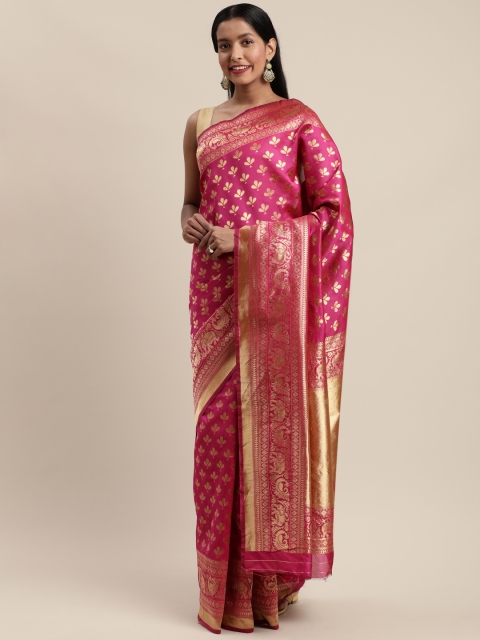 

Mitera Pink & Gold-Toned Silk Cotton Woven Design Banarasi Saree