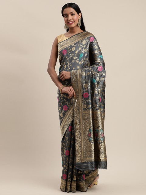 

Mitera Grey Silk Cotton Embroidered Banarasi Saree
