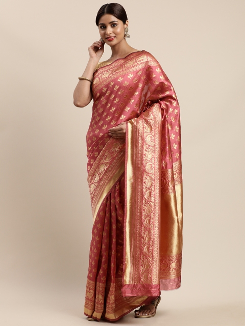 

Mitera Pink & Gold-Toned Silk Cotton Woven Design Banarasi Saree
