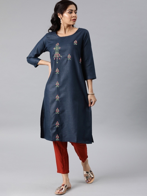 

MIMOSA Women Navy Blue Embroidered Straight Kurta