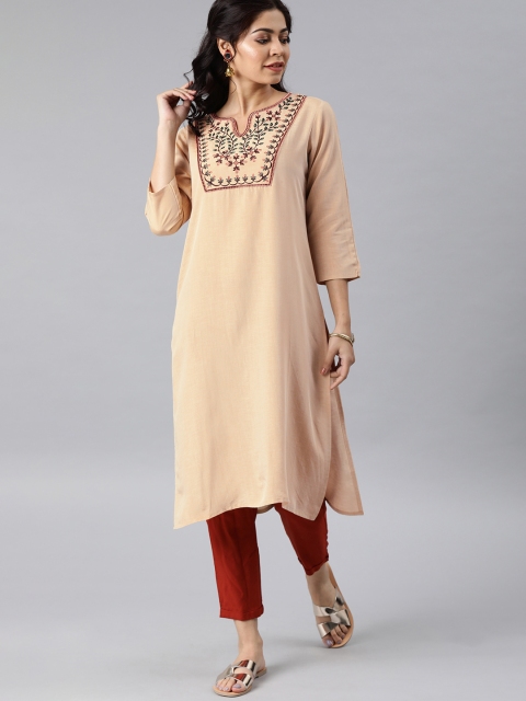 

MIMOSA Women Beige Embroidered Yoke Design Straight Kurta