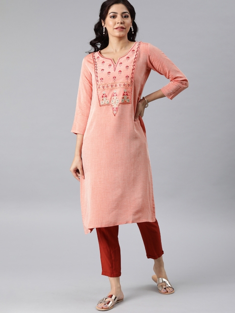 

MIMOSA Women Peach-Coloured Embroidered Yoke Design Straight Kurta