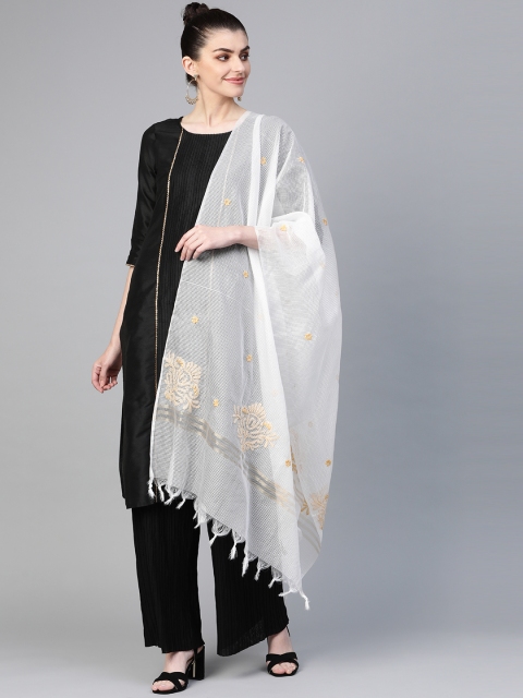 

ADA White & Beige Chikankari Hand Embroidered Sustainable Kota Dupatta