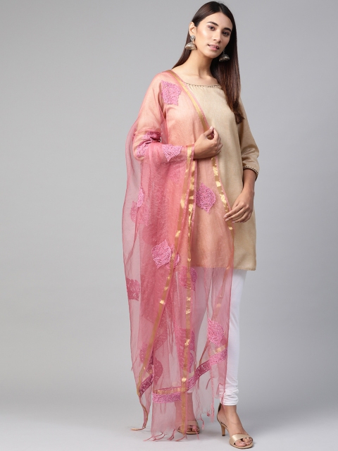 

ADA Pink & Golden Embroidered Dupatta with Chikankari Hand Embroidery