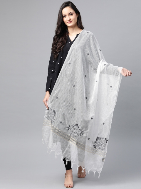 

ADA White & Black Checked Kota Dupatta with Chikankari Hand Embroidery