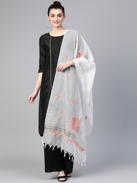 

ADA White & Peach-Coloured Chikankari Hand Embroidered Sustainable Dupatta