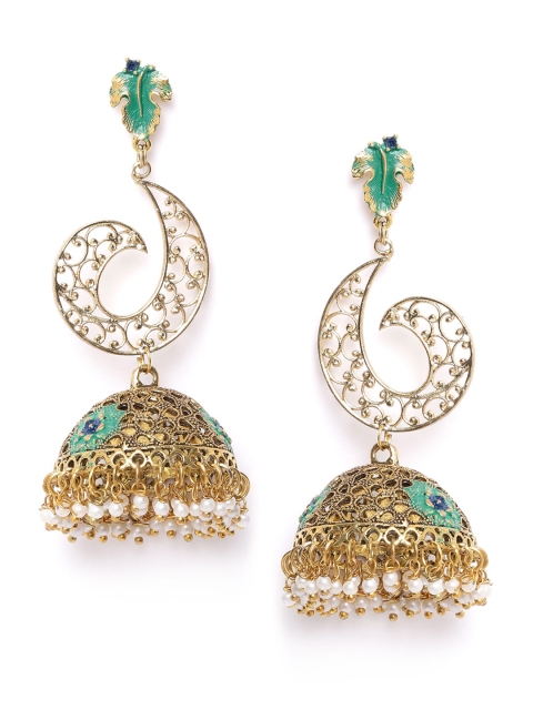 

DIVA WALK Green Gold-Plated Beaded Handcrafted Enamelled Dome Shaped Jhumkas