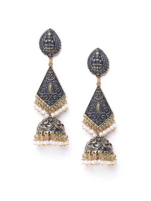 

DIVA WALK Navy Blue Gold-Plated Beaded Handcrafted Enamelled Dome Shaped Jhumkas