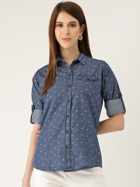 

The Dry State Women Blue & White Cotton Regular Fit Quirky Printed Casual Denim Shirt