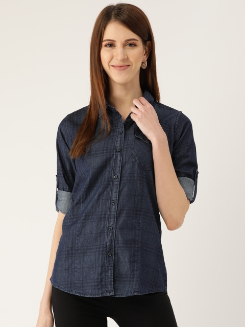 

The Dry State Women Navy Blue Cotton Regular Fit Checked Casual Denim Shirt