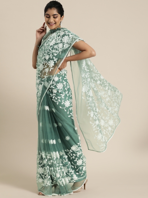 

Inddus Green & White Net Embroidered Sheer Saree