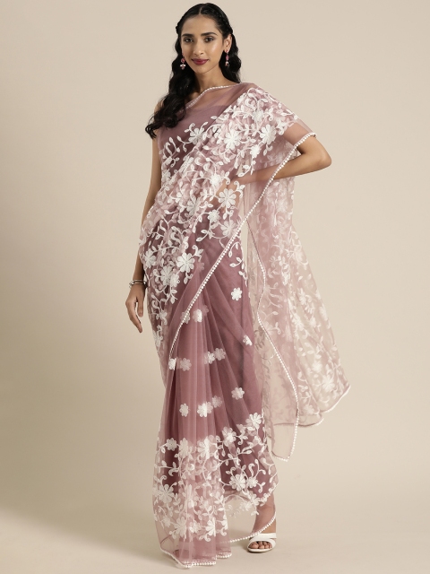 

Inddus Mauve & White Embroidered Net Sheer Saree