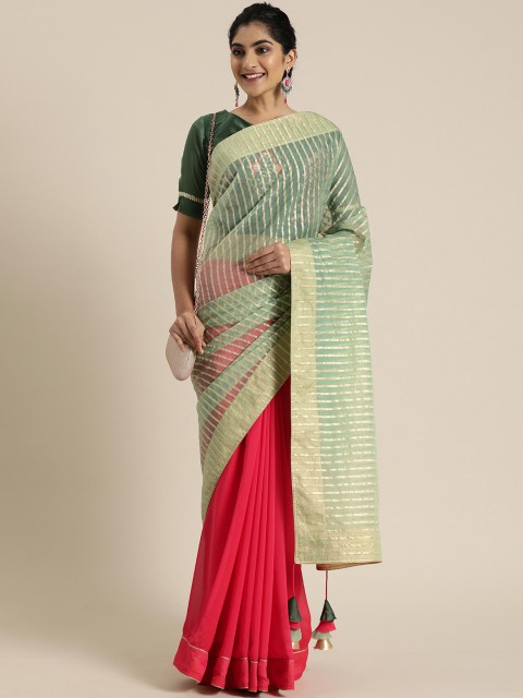 

Inddus Green & Pink Organza Striped Half & Half Saree