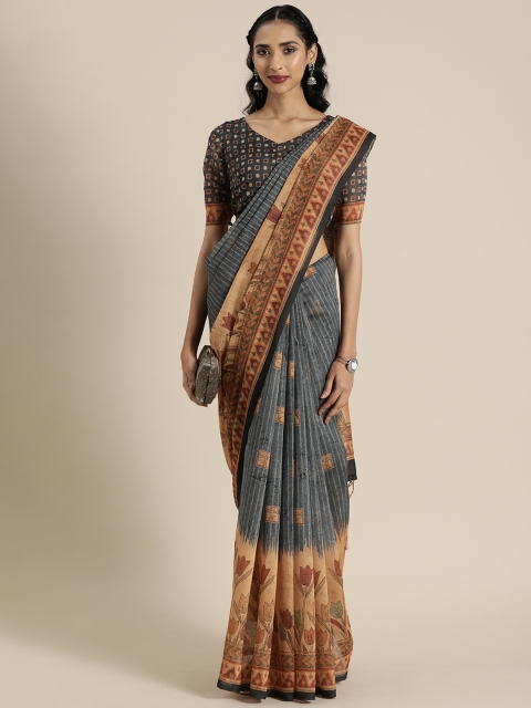 

Inddus Grey & Beige Cotton Blend Printed Saree