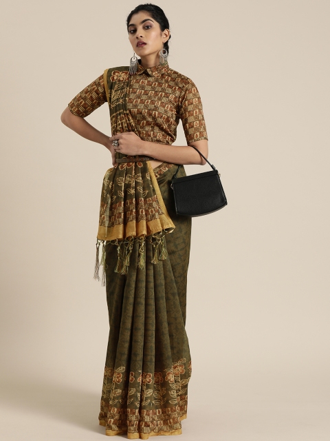 

Inddus Olive Green & Beige Cotton Blend Printed Saree