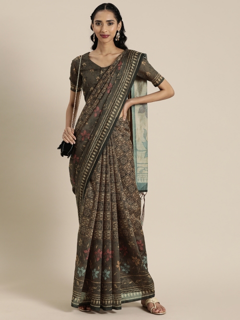 

Inddus Grey & Beige Chanderi Cotton Blend Digital Floral Printed Saree
