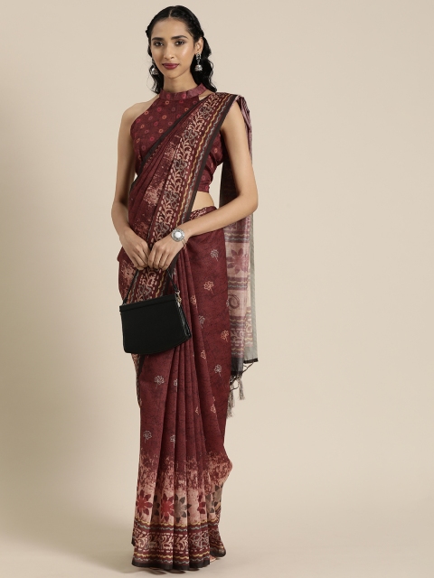 

Inddus Maroon & Off-White Chanderi Cotton Blend Digital Floral Printed Saree