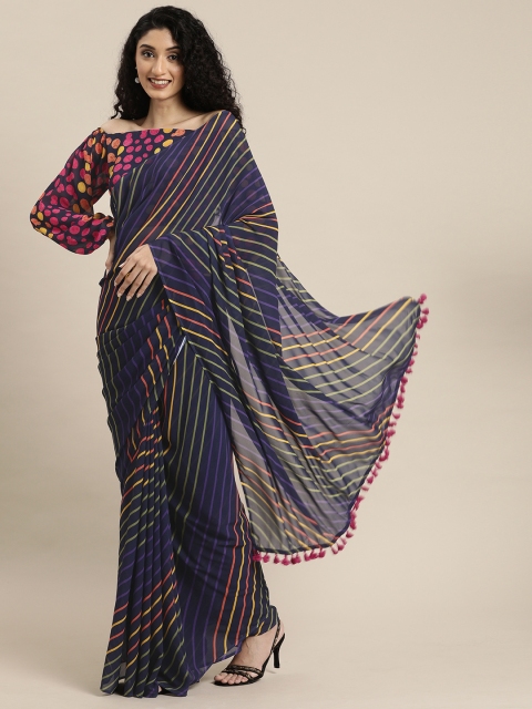 

Inddus Navy Blue & Yellow Poly Georgette Striped Saree