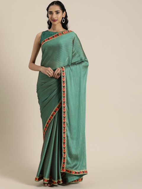 

Inddus Green Striped Poly Georgette Saree