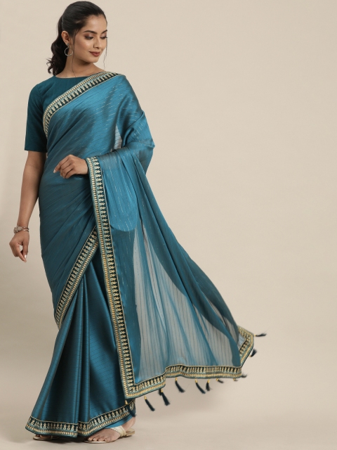 

Inddus Teal Blue & Golden Striped Saree