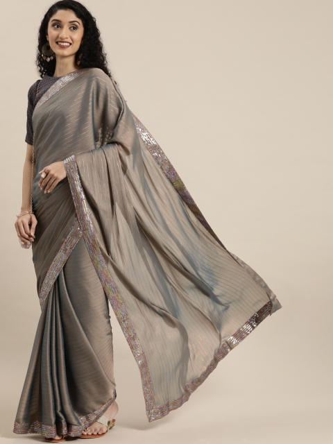 

Inddus Grey & Golden Poly Georgette Striped Saree