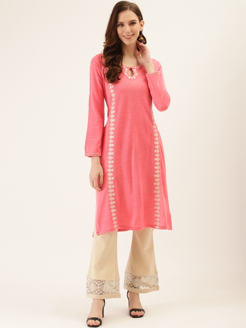 

Laabha Women Pink & Beige Embroidered Knitted Winter Kurta with Palazzos