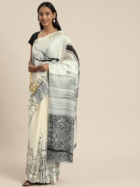 

KALINI Black & Off-White Jute Silk Printed Saree