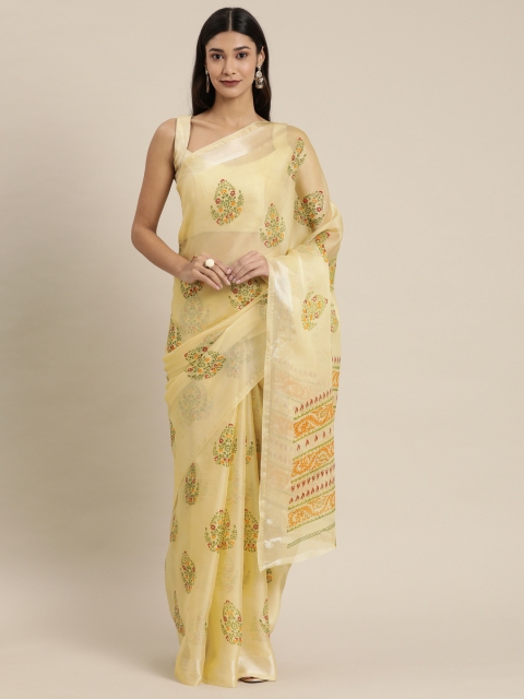 

KALINI Cream-Coloured & Green Art Silk Printed Saree