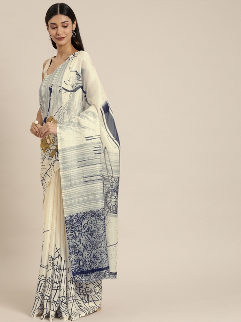 

KALINI Off-White & Navy Blue Jute Silk Printed Saree