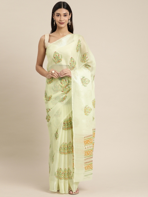 

KALINI Yellow & Green Floral Printed Art Silk Saree