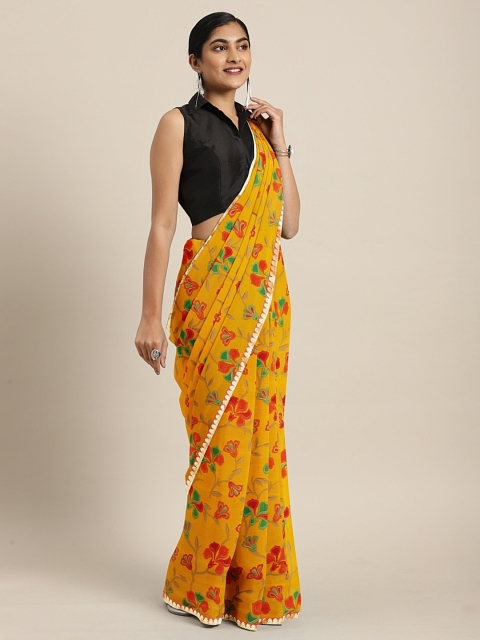 

KALINI Yellow & Red Pure Chiffon Floral Printed Saree