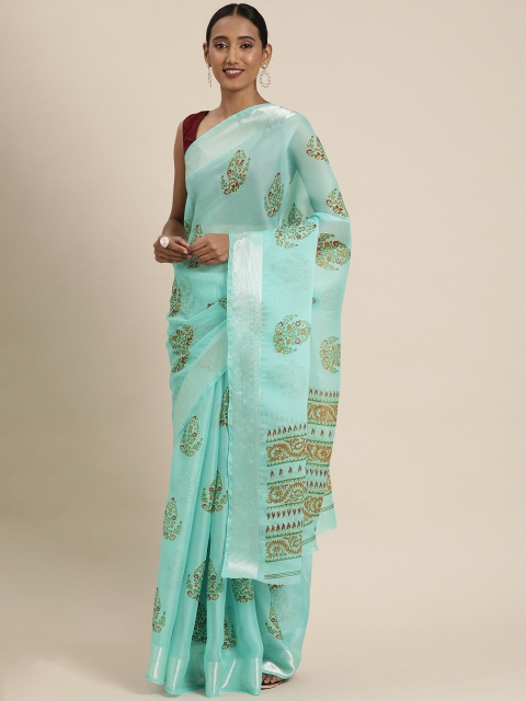 

KALINI Turquoise Blue & Red Art Silk Floral Printed Saree