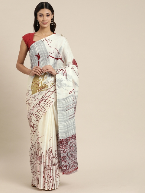 

KALINI Off-White & Maroon Jute Silk Printed Saree