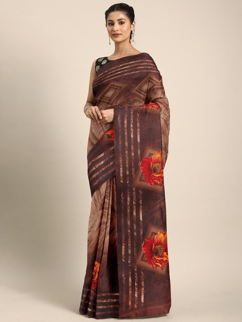 

KALINI Brown & Orange Silk Blend Printed Khadi Saree